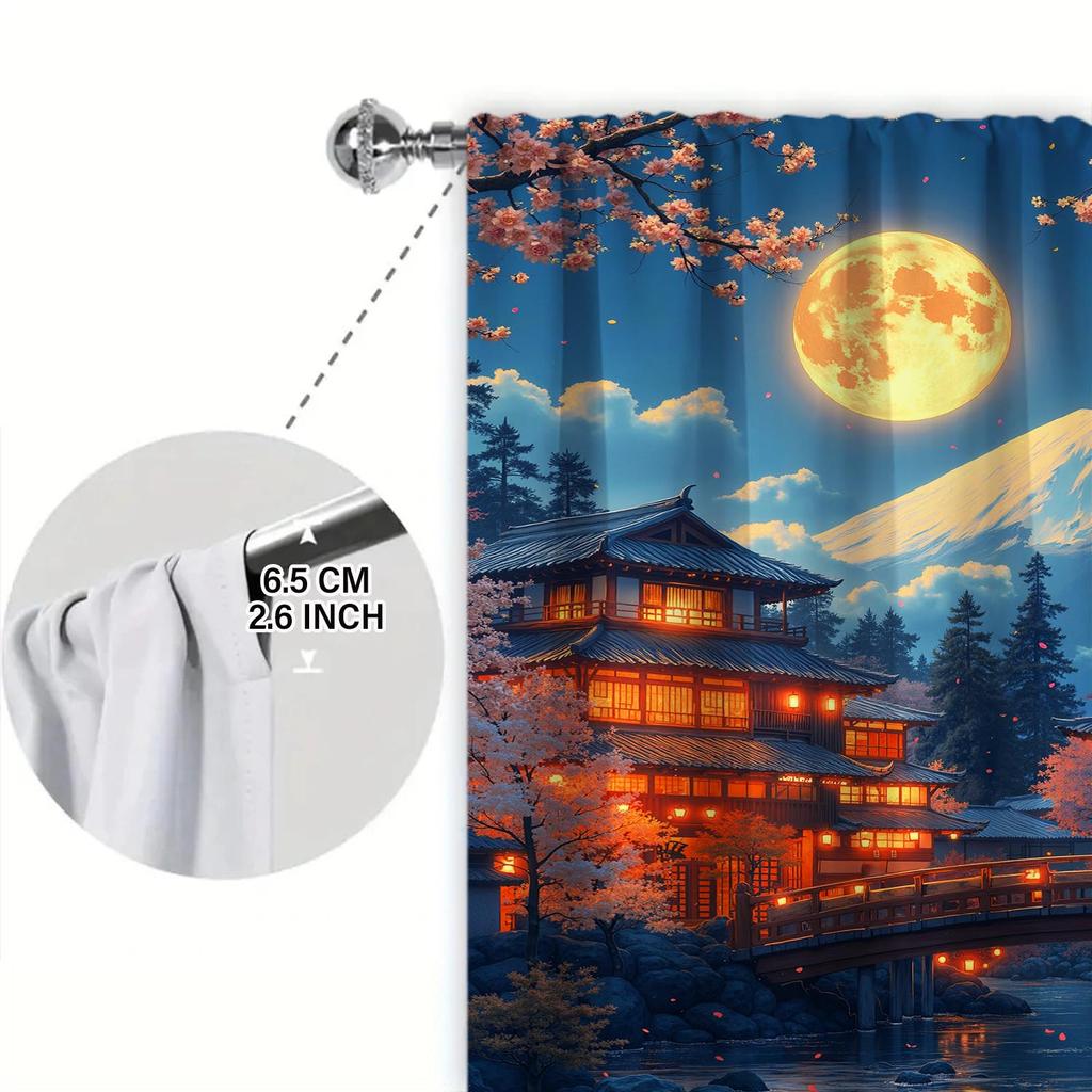 Set Of 2 Lights Mount Fuji Town Under Printed Curtains Shade Privacy Protection Suitable Decorating Various Rooms Made Polyester