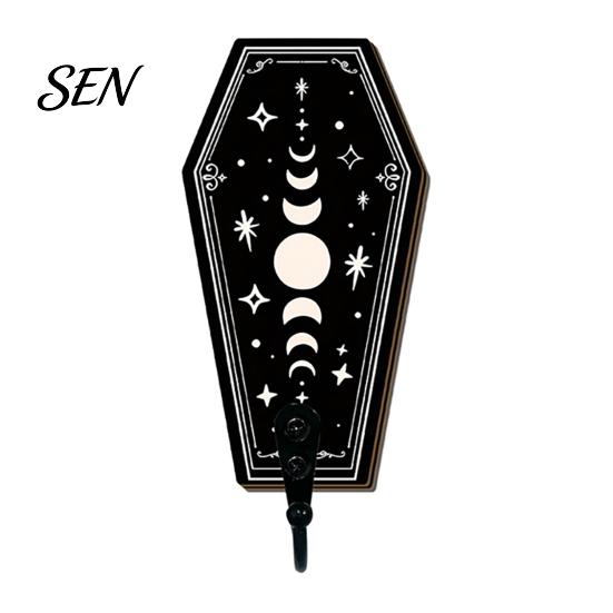 Boho Wall Mounted Rack Halloween Gothic Wooden Hook with Moon Star Skeleton Patterns, Decorative Retro Key Hanger for Entryway Hallway Living