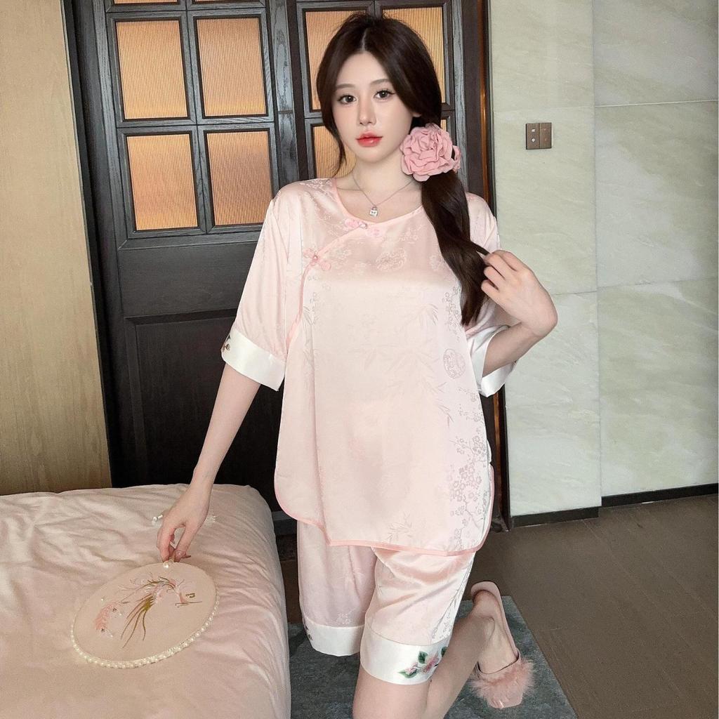 New ice silk pajamas women's summer Chinese antique rose suit loungewear imitation silk satin jacquard can be worn outside
