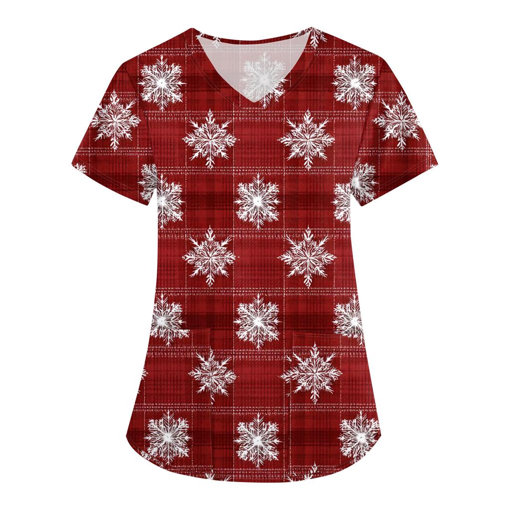 Women's Christmas Print Loose V-Neck Pocket Short-Sleeved Uniform