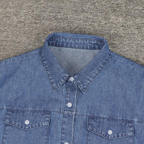 Women Denim Dress Short Sleeve Single-breasted Turn Down Collar Pockets Loose Maxi