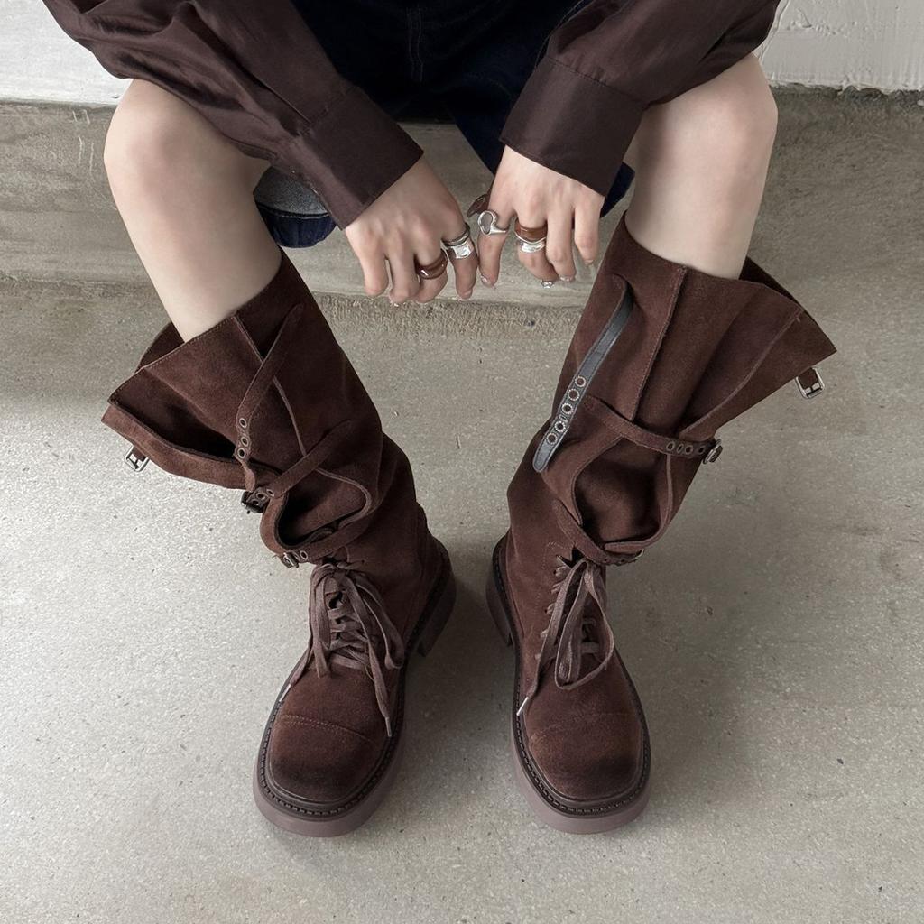 2025 new western cowboy boots retro knight boots women's medium boots medium thick heel thick bottom pile long boots