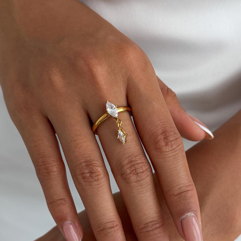 Stainless Steel Gold Color Ring Women Rhombus Zircon Pendant Adjustable Open Ring Fashion Exquisite Colorfast Banquet Jewelry