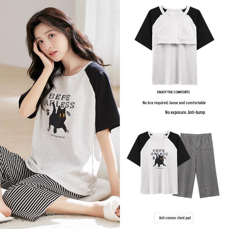 2025 Women's Summer Capri Pajama Set: Short-Sleeve, Thin Cotton with Breast Pads, Versatile for Home or Outside Wear