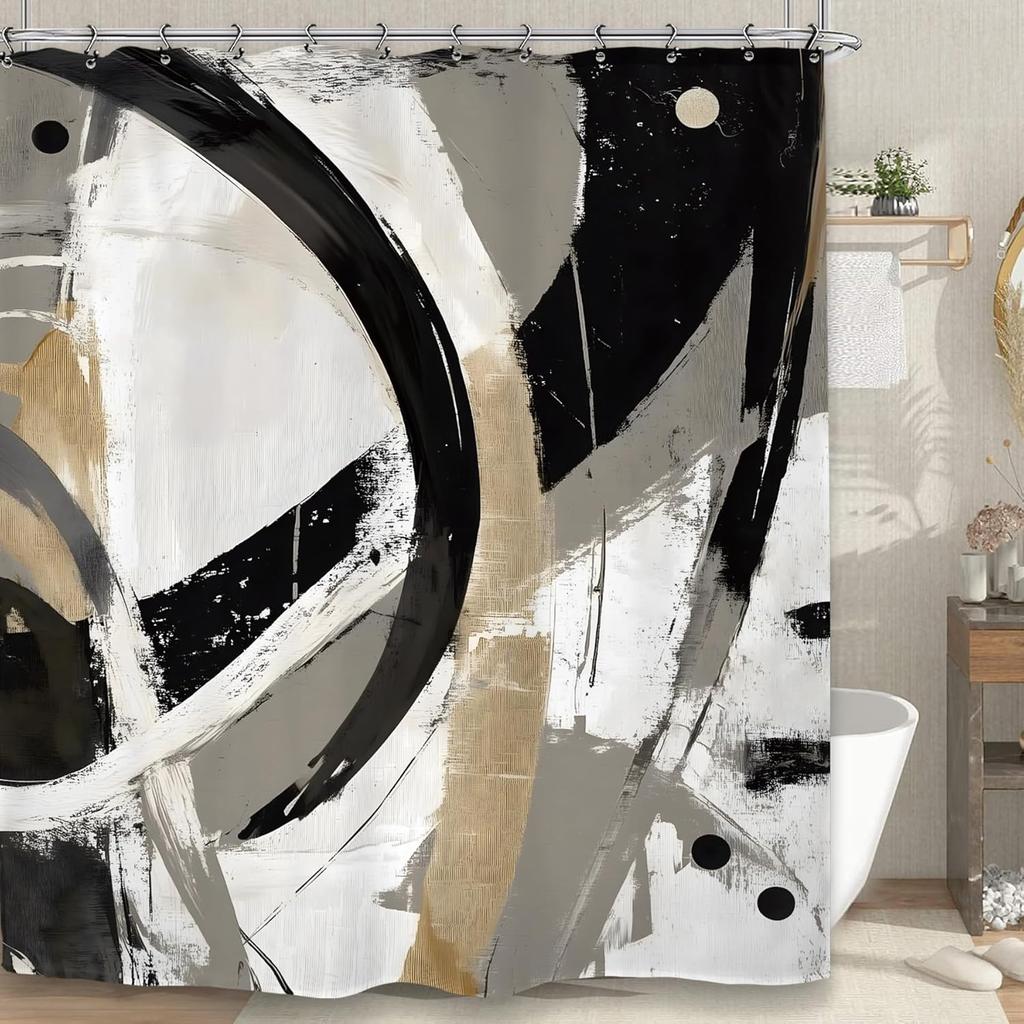 Abstract Black White Gold Curve Pattern Waterproof Shower Curtain 180X180Cm - Modern Luxury Bath Curtain For Living Room Decor