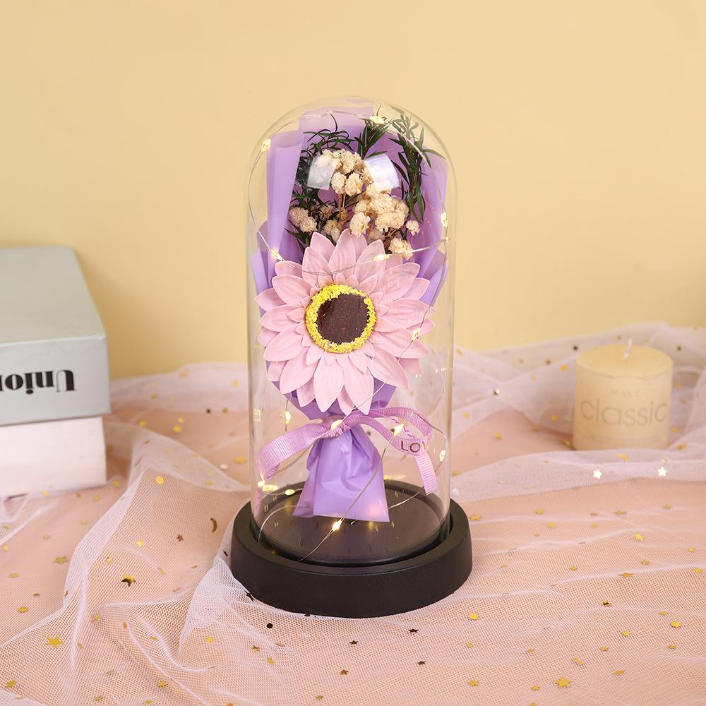 Qixi Festival Valentine's Day Gift Glass Cover Immortal Rose Soap Flower for Boyfriend and Girlfriend Exquisite Ornament