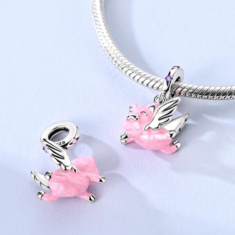 New Original Copper Charm Beads Pink Little Flying Pig Beads For Bracelet Pendant Diy Fine Women Girls Jewelry Gift