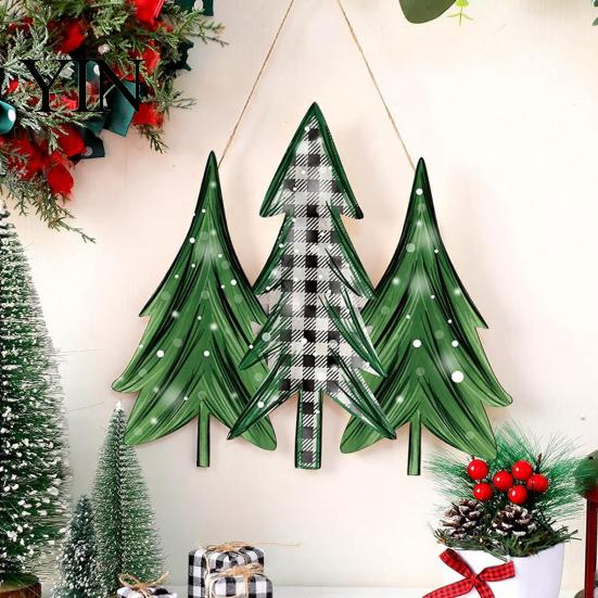 Christmas Tree Wall Decoration 2D Wooden Welcome Hanging Sign, Cartoon Santa Snowman Xmas Party Decor Door Hanger with Rope, Porch Front Holiday