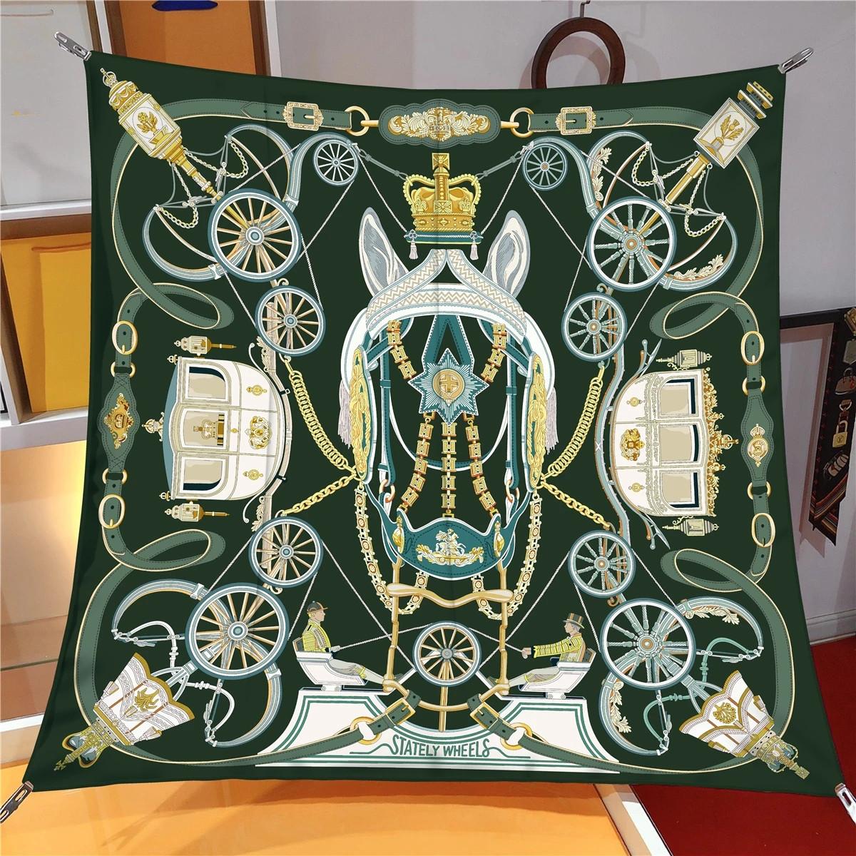 

Шелковый платок женский с принтом лошадиной кареты, квадратные платки на голову, эшарпы, шелковые фуларды женские, накидки, пляжная шаль, бандана, женский хиджаб 90 см 90CM x 90CM зелёный