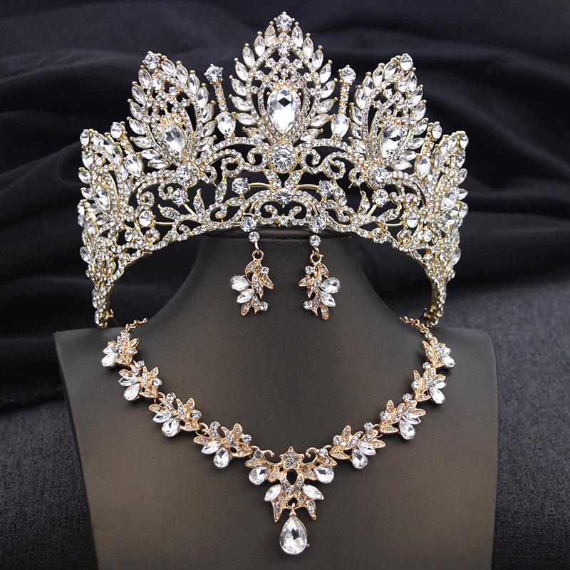 Luxury Green Crown Bridal Jewelry Sets for Women Tiaras and Necklace Earrings Bride Jewelry Set Wedding Costume accessories