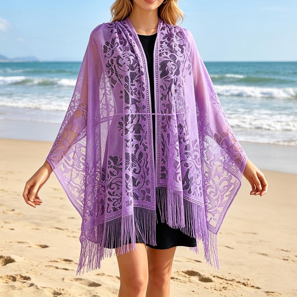 Women Lace Hollow Out Shawl Lightweight Sun Protection Cover Up Versatile Loose Fit Kimono Cardigan with Fringe Trim for Beach Travel and Vacation