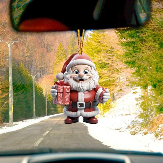 Christmas Ornament Smiling Santa Claus Holding Gift Pendant 3D Effect Acrylic Hanging Pendant Festive Home Decor