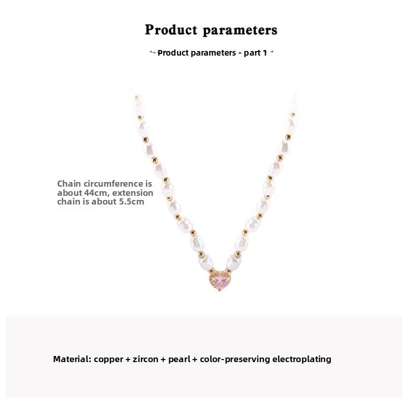 Pearl pink diamond zircon heart necklace - unique design, trending online, lightweight luxury clavicle chain