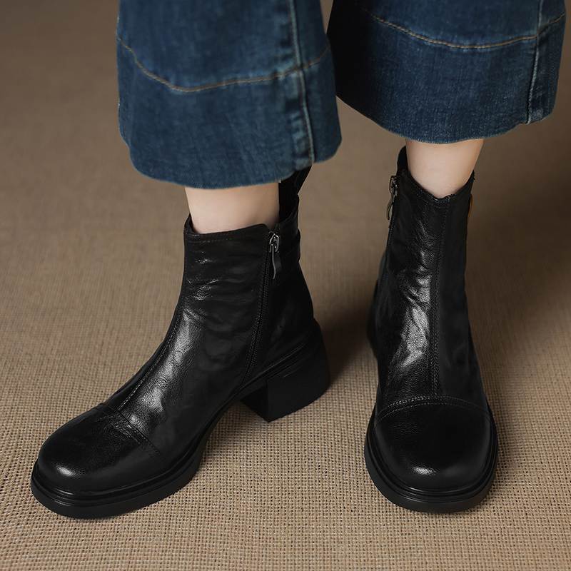 Krazing Pot Sheepskin Round Toe Thick Heels Chelsea Boots Size 42 High Quality Women Keep Warm Metal Buckle Ankle Boots