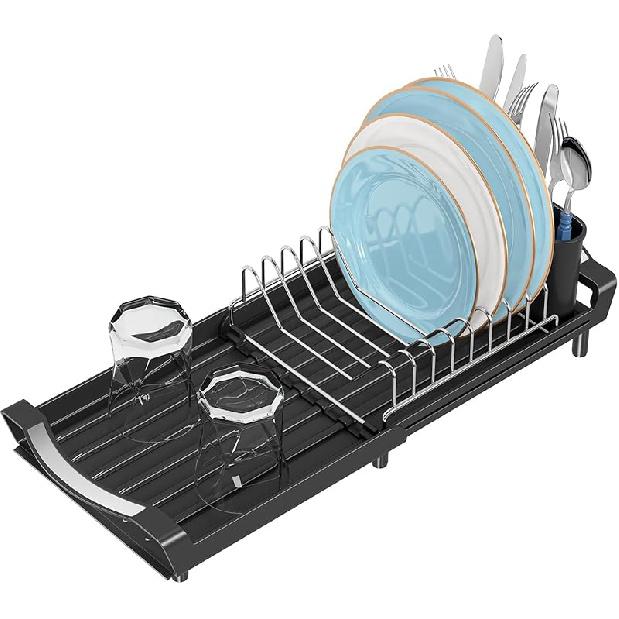 Simple Trending Small Dish Drying Rack, Compact Expandable Dish Rack with Cutlery Holder, Sink Dish Drainer for Kitchen Countertop, Black