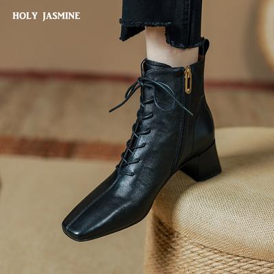 2024 Women Ankle Boots Mature Square Toe Splicing Genuine Leather Shoes Woman Side Zipper Autumn Winter Basic Office Lady Boots