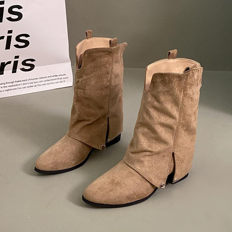 DVIAS French retro stacking boots western cowboy boots autumn and winter new high boots women's boots khaki boots