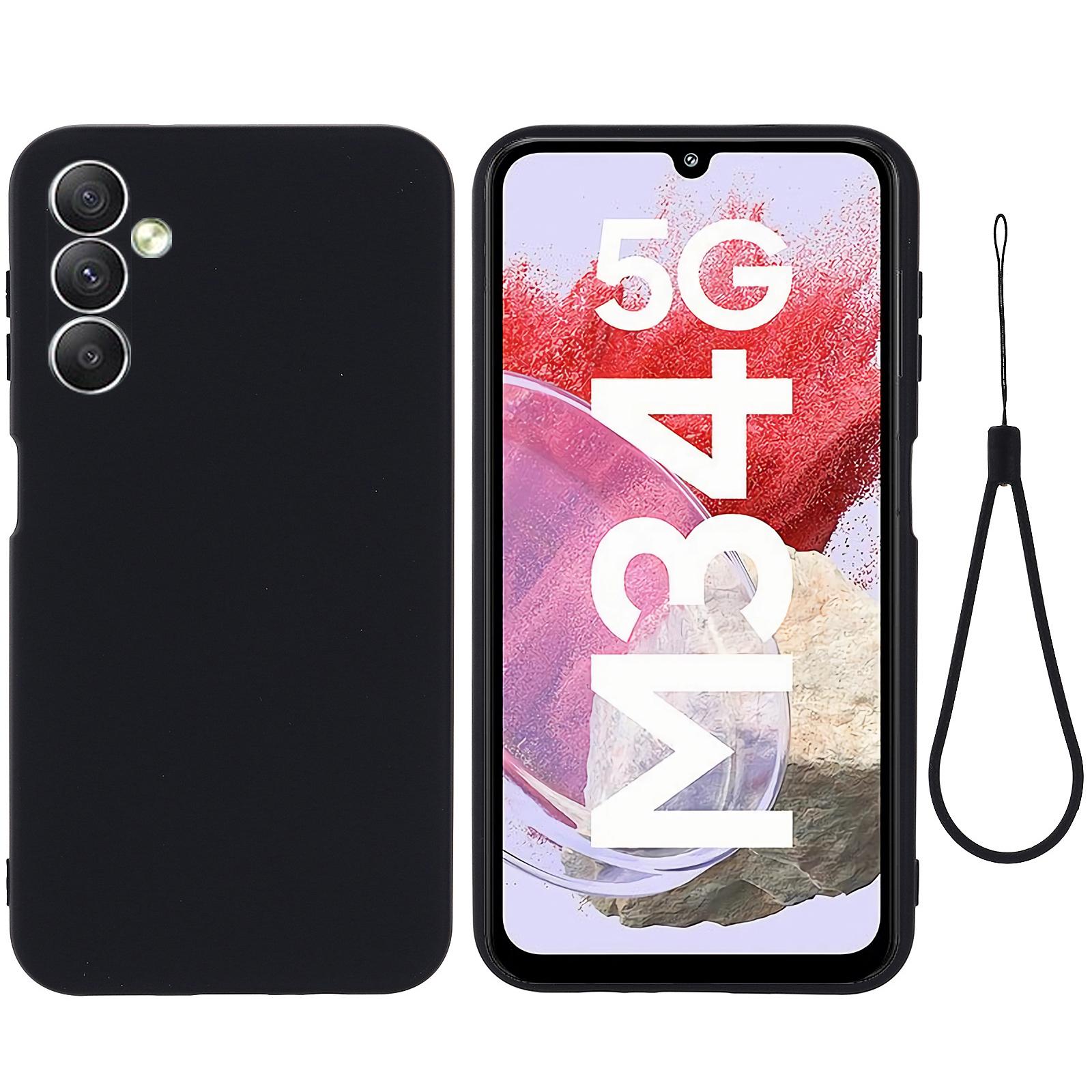 

For Samsung Galaxy F34 5G/M34 5G Liquid Silicone Phone Case Soft Lining Shockproof Cover with Strap Black