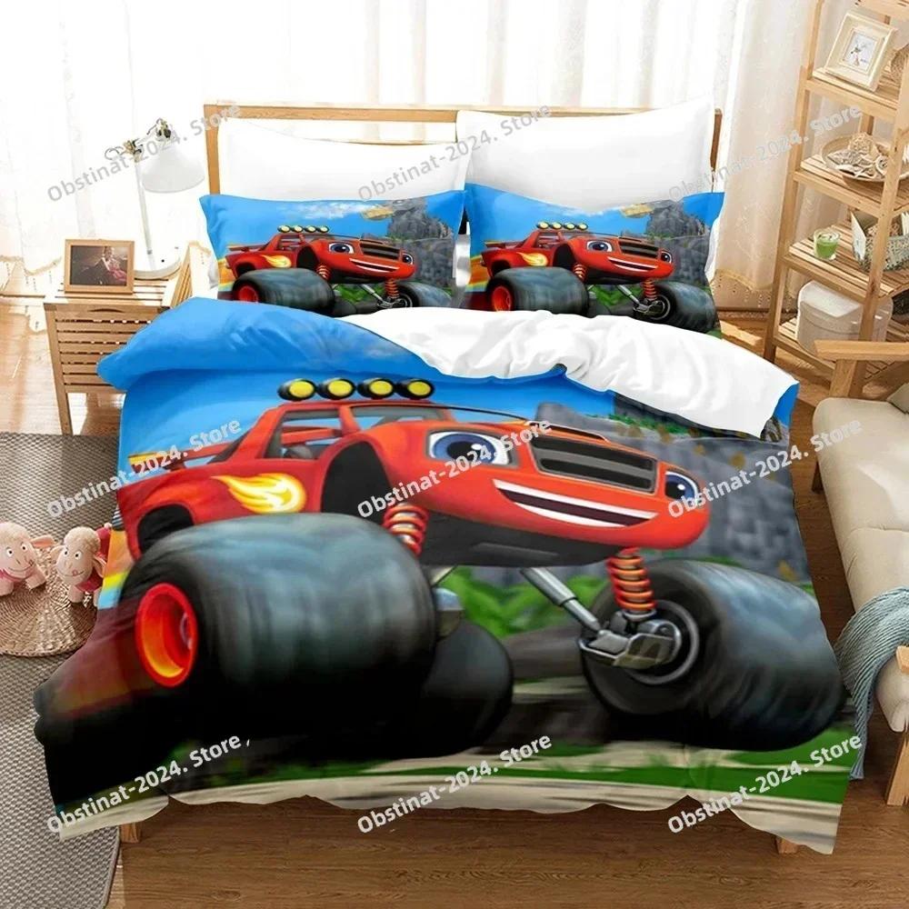 Set de așternut Blaze Cartoon Monster Machines Cearșaf de plapumă imprimat single Huse de pernă Seturi de 3 piese Dimensiuni pentru copii și adulți