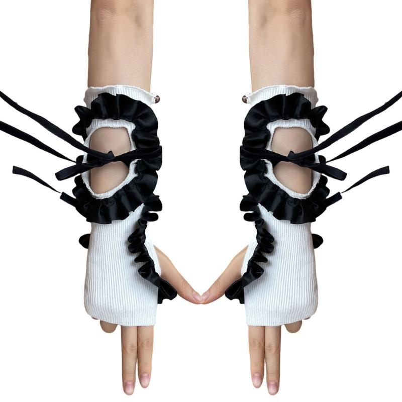 Lolitas Crinkled Hollow Out Gloves Satins Lace Ribbon Adjustable Wrist Sleeves For Women Party Fashion Accessories