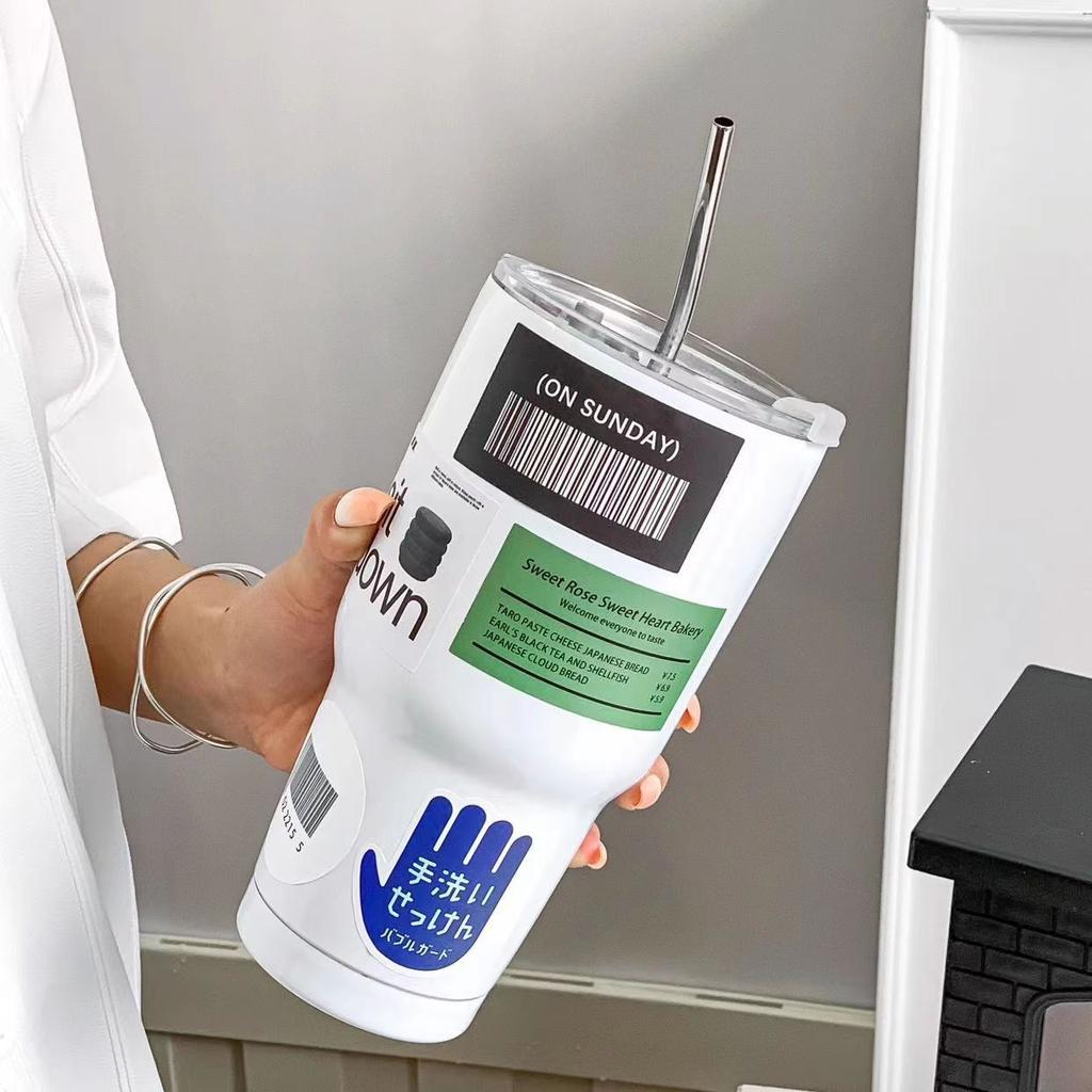 Stainless Steel Thermal Cup For Coffee Car Mug Freeze Thermos Vacuum Flask Water Bottle With Straw Keep Cold Hot Tumbler 900ml