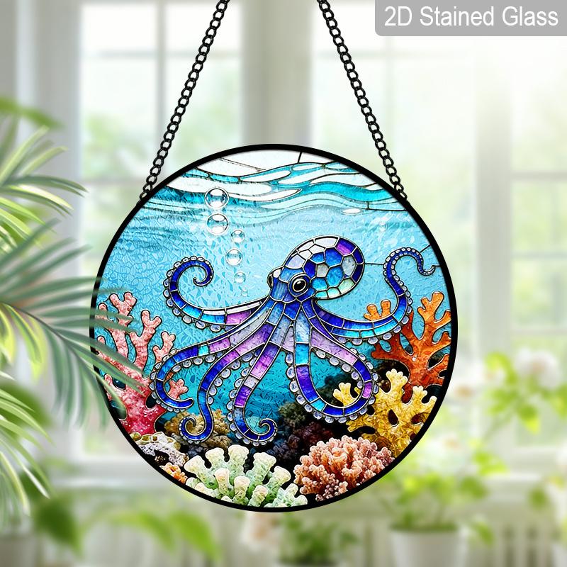 2D Flat Stained Glass Octopus Ocean Theme Window Decoration, 7.87inches The Blue Octopus in The Coral Design Colored Glass Plate with Chain, Summer