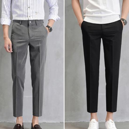 Men Suit Pants Solid Color Classic Slim Fit Straight Pattern Mid Waist Business Trousers Office Clothes
