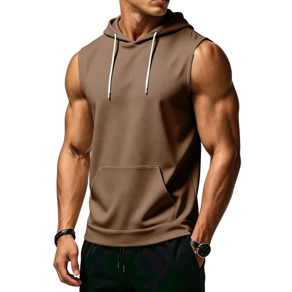 Pánská mikina bez rukávů Atletický tílko s kapucí na stahování a přední kapsou Ležérní volný střih Svalová košile do posilovny Trénink