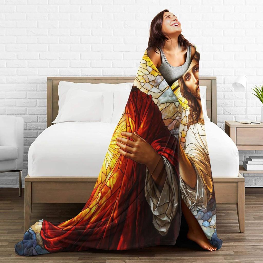 Jesus Christ Angelic Heart Religious Blanket Soft Warm Flannel Throw Blanket Bedspread for Living room Picnic Travel Home Sofa