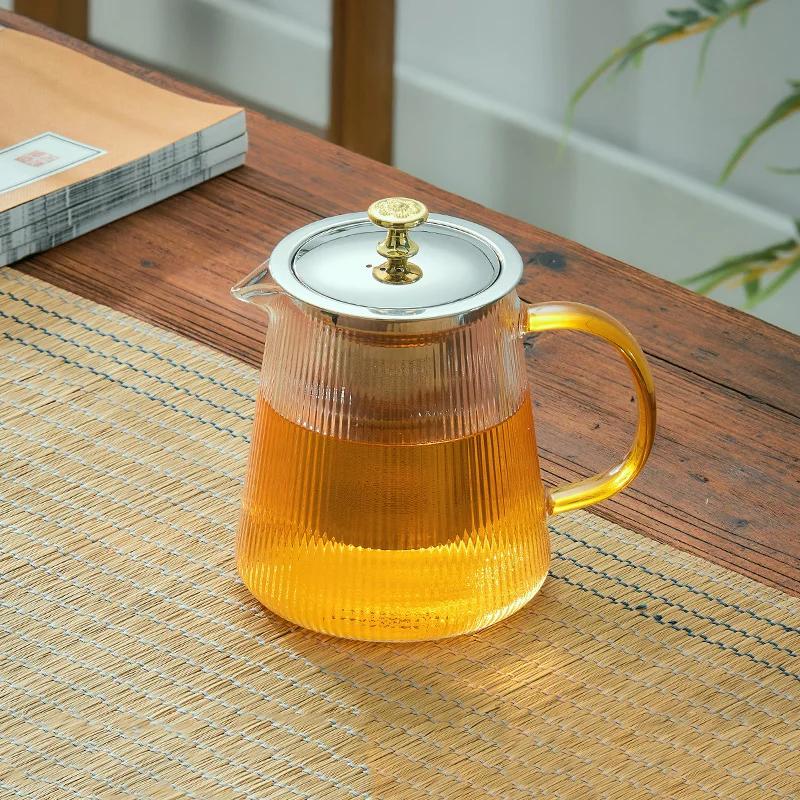 GIANXl Vertical Grain Teapot Transparent High Borosilicate Glass Tea Pot Set Heat Resistant Flower Tea Puer Tea Cold Kettle