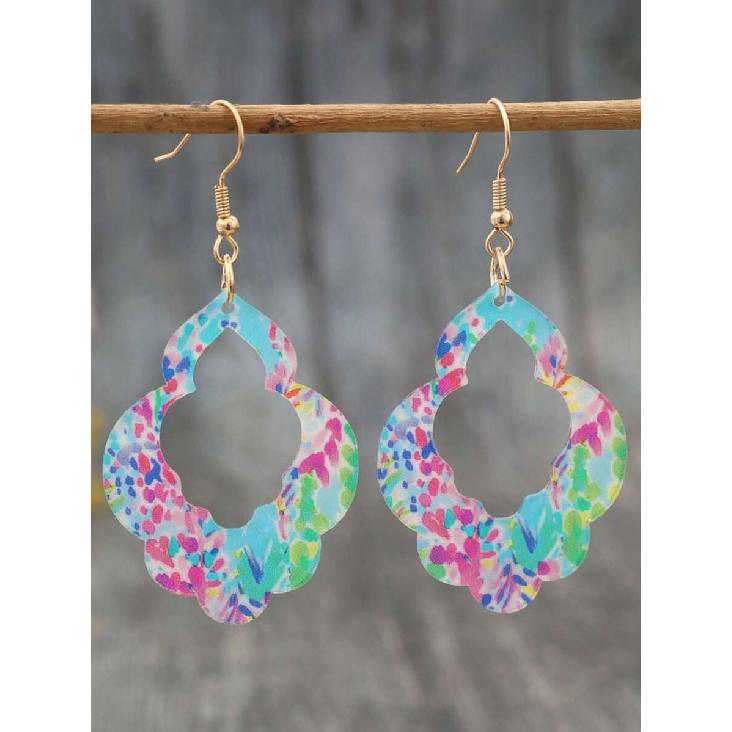 1 Pair Colorful Watercolor Print Hollow Acrylic Dangle Earrings, Exotic Geometric Openwork Design