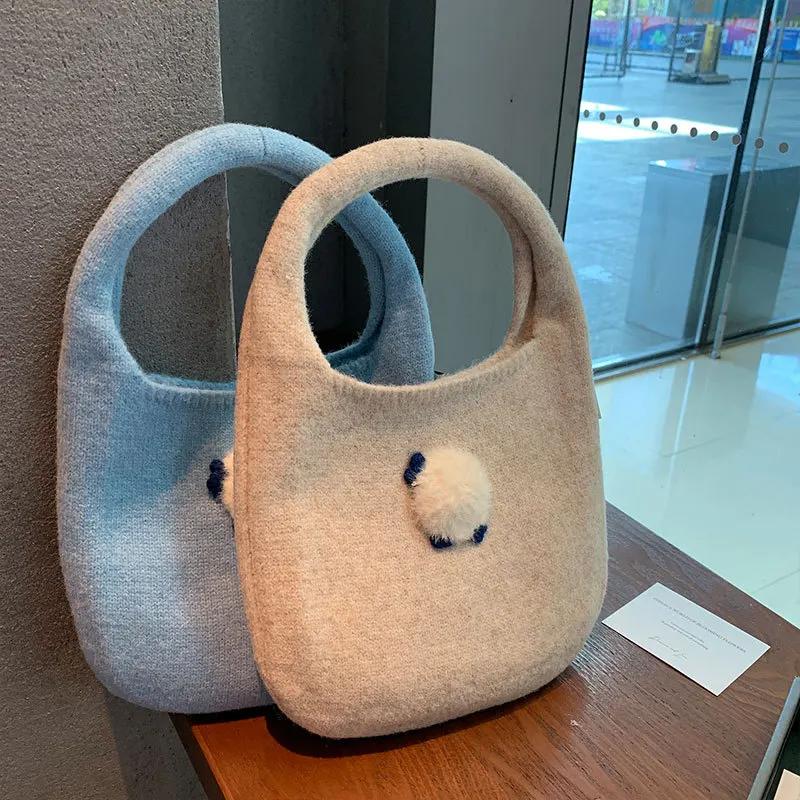 Korean Knitted Handbag Ins Fashion Tote Bag Soft Oval Shape Large Capacity Casual Commuting Handheld Shoulder Bag Women