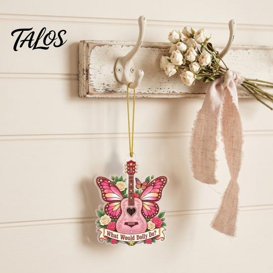 Festival Decorative Ornaments Pink Guitar Butterfly Ornament, Acrylic Music Hanging Decor with Rose Themed Christmas Decorations And Quote,