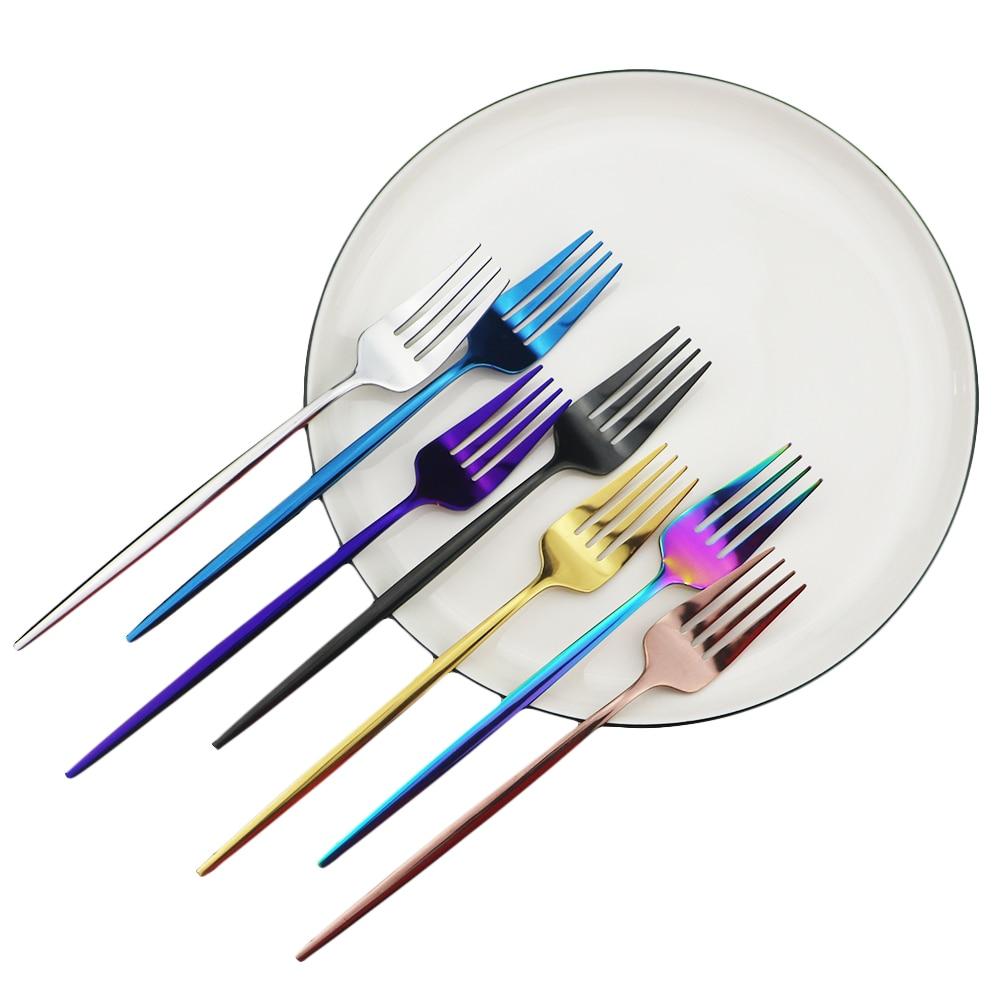 6pcsset Fork Salad Set Dinner Fork Dinnerware Cutlery Stainless Steel Long Handle Fork Blcak Rainbow Gold Fork Tableware Silverware Set