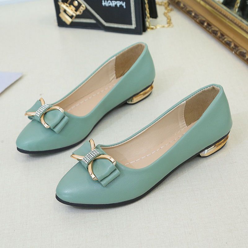 Women's Shoes Pointed Toe Low Heel Elegant Rhinestone Green Leather Casual Ladies Pumps High Quality Slip On Dress Y2k 39 Sale