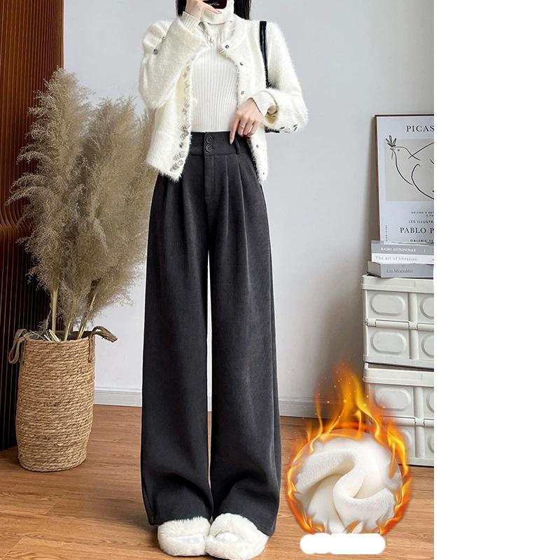 White Corduroy Wide Leg Pants Women's Autumn Winter Slim Straight Drapey Small Size Fleece Lined Suit Trousers