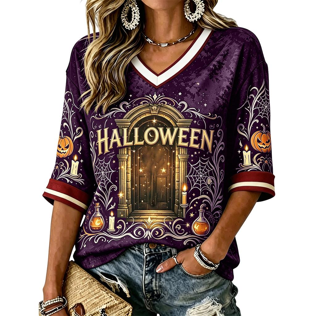 Women's Casual Halloween Print V-Neck T-Shirt