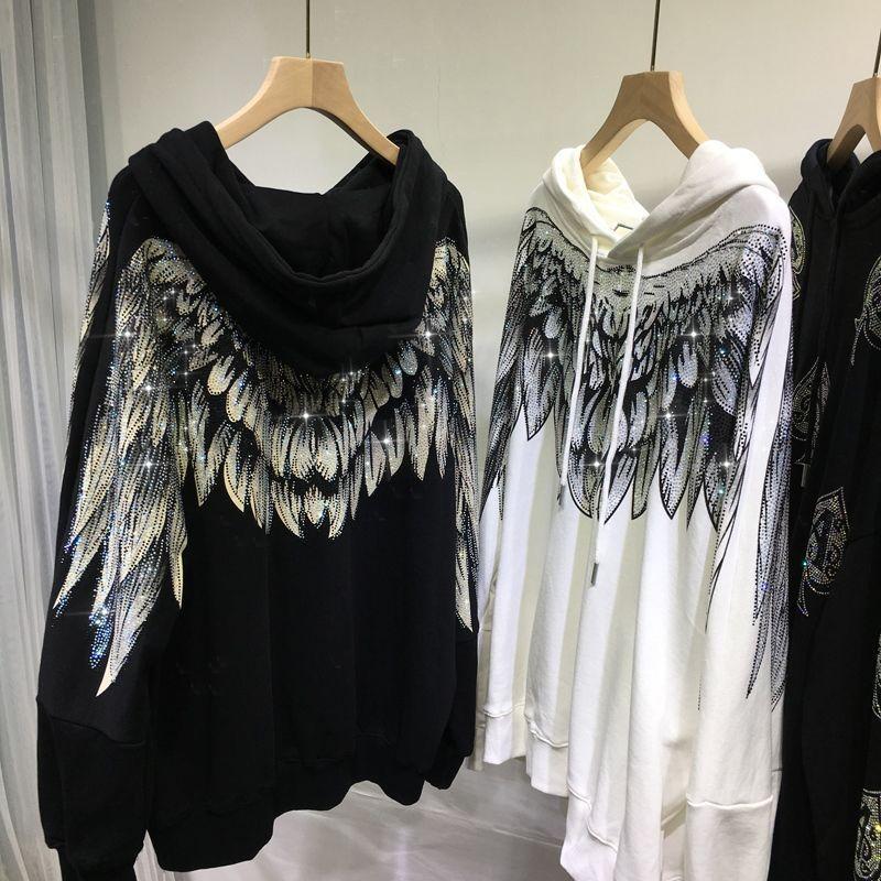 Spring Women's Fashionable and Casual Hooded Thin Sweatshirt with Rhinestone Wings Decoration