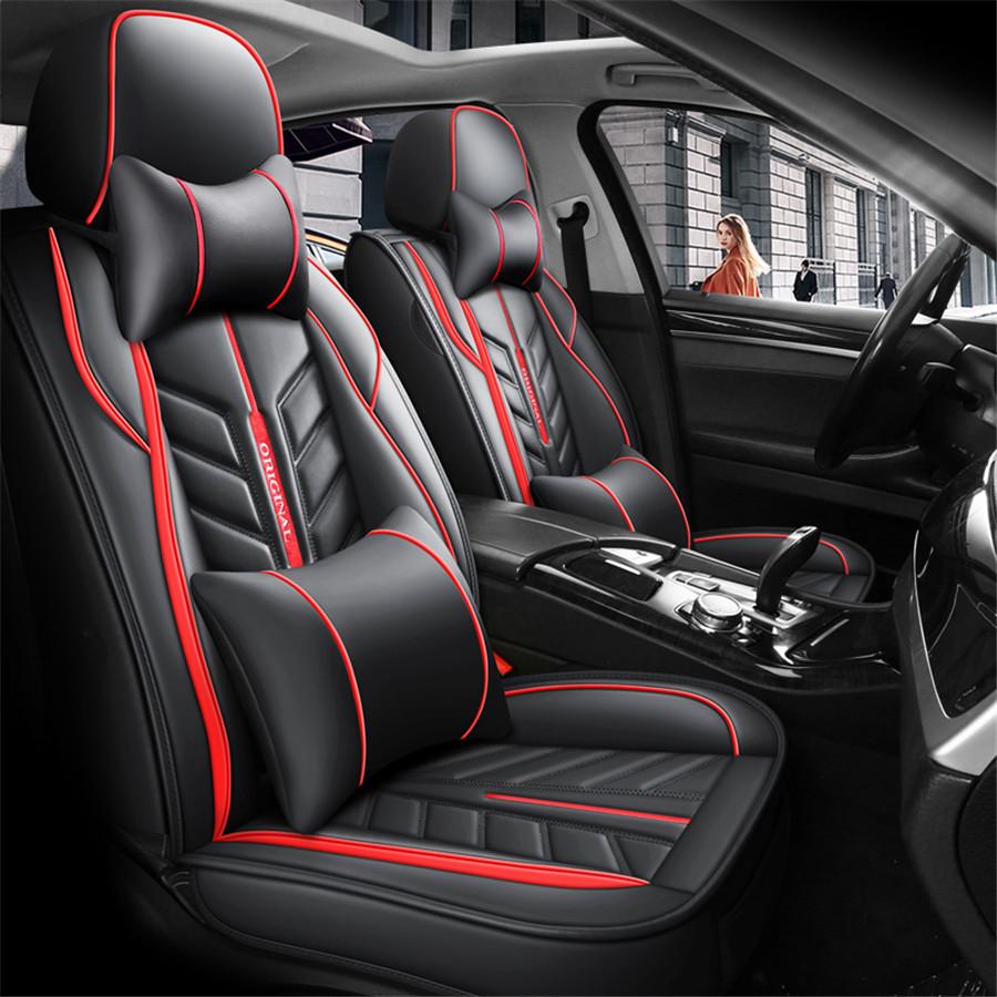 Universal Black Red Line Stripe Full Seat Wear-resistant PU Leather Sponge Fabric Car Seat Cover Cushion Breathable...