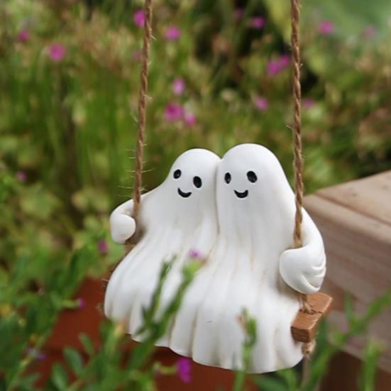 Swing Ghost Couple Figurine Halloween Ghost Hanging Decoration Resin White Ghost Couple Ornament for Indoor Outdoor Garden Patio Porch Decor