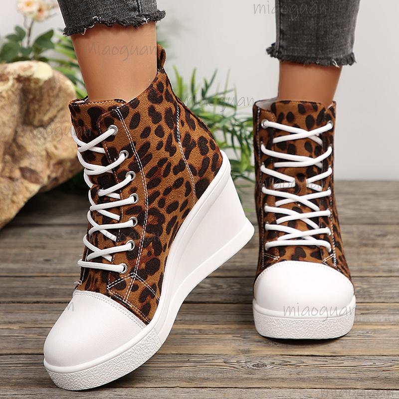 Fashion Leopard Print Wedge Heel Short Boots for Women Fashion Lace Up Platform Ankle Boots Woman Thick Sole Casual High Top Sneakers