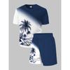 Tvådelat hawaiiskt set med kortärmad t-shirt och shorts, avslappnat, modernt, bekvämt strand-kokospalmönstrat rundhalsad t-shirt och sportshorts