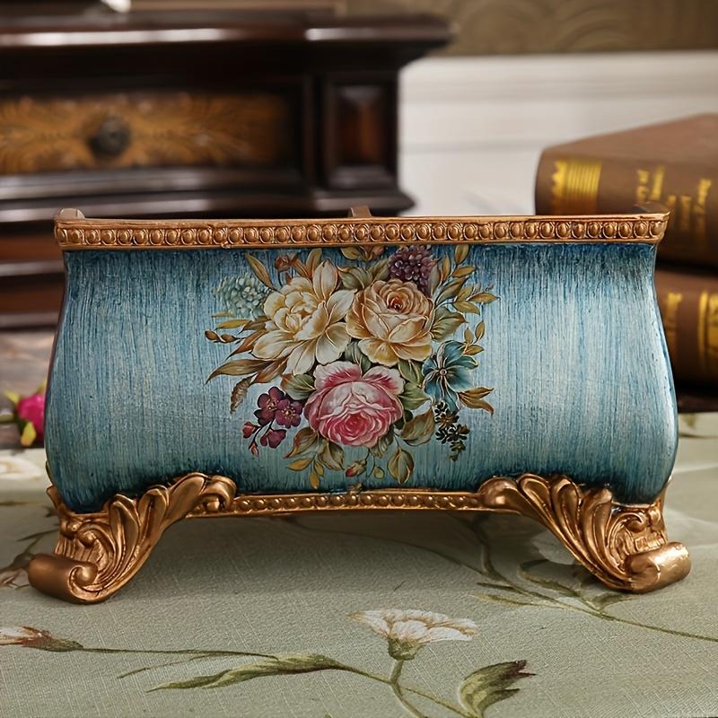 PGY Vintage Floral Resin Storage Box Ornament with Golden Accents Retro Remote Control Box Holder Desk Organizer Home Decoration