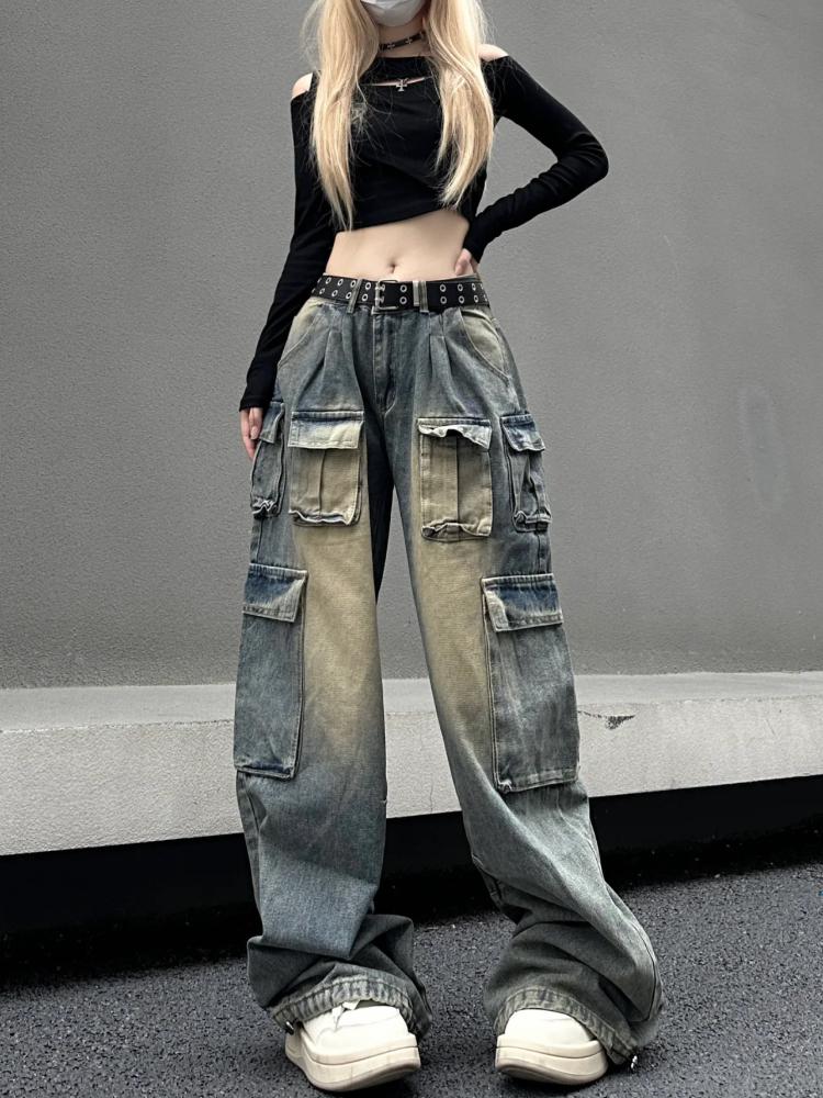 Harajuku 90. léta Y2k Vintage Baggy Jeans Ženy Grunge Prané Více kapes Džínové Cargo Kalhoty Nízký růst Ležérní široké kalhoty