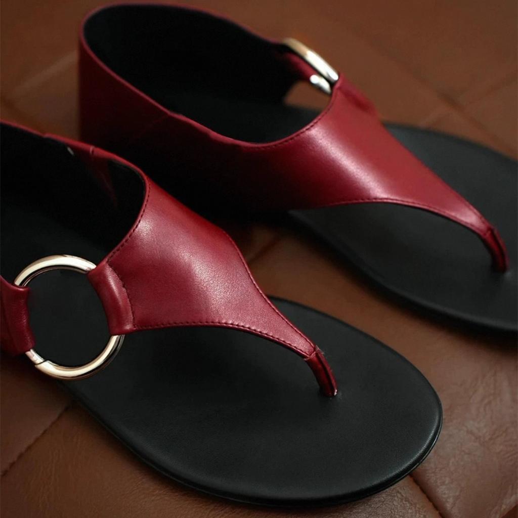 Cowhide Version~ Niche Design Simple Metal Circle Round Head Pinch Foot Flip-flop Sandals Women's Casual Open-toed Flat Sandals