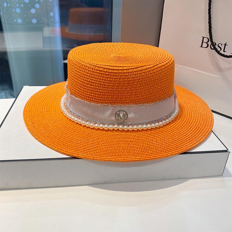 Straw hat women's spring and summer versatile pearl M letter flat top top top hat big brim sunshade sunscreen beach hat shows small face