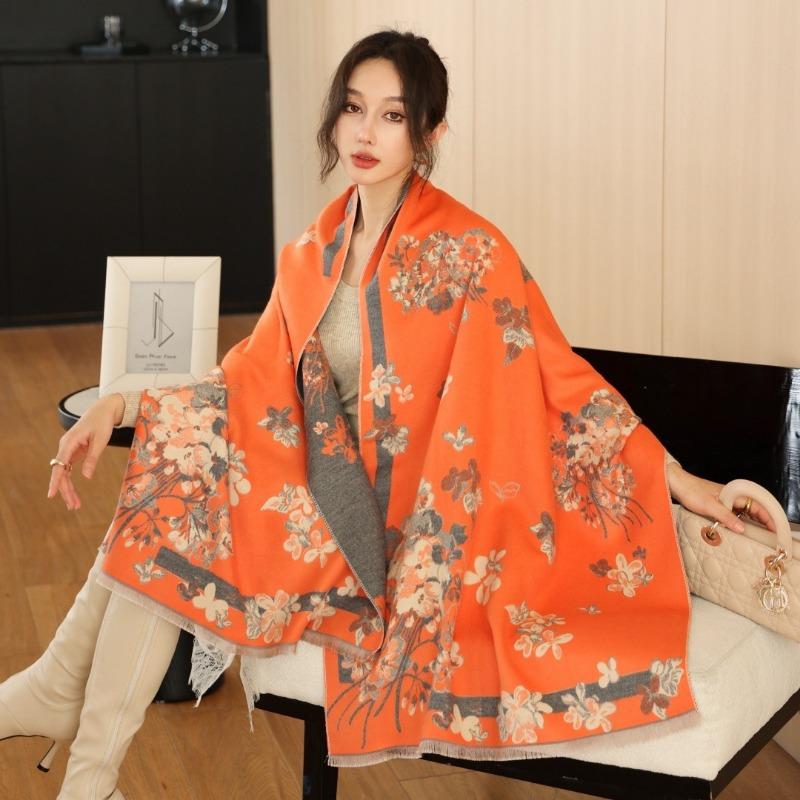 Gradual change flower imitation cashmere scarf women's high sense double-sided jacquard shawl retro scarf
