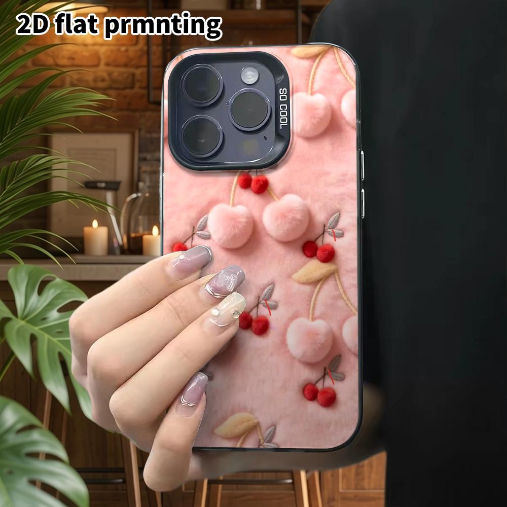 Phone Case: 2D Flat Design Suitable for iPhone 18, 17, 16, 15, 14, 13 Pro, Color Silver Protective Case, Couple Style, Pink Cherry Plush, Christmas an