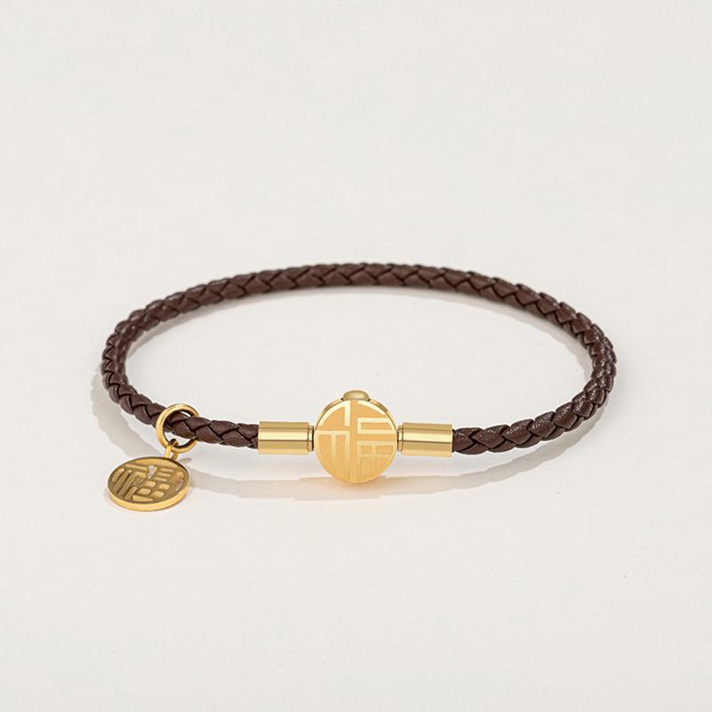 Fu Brand Leather Bracelet with Gold Buckle and Lucky Beads for Men, Women, Couples