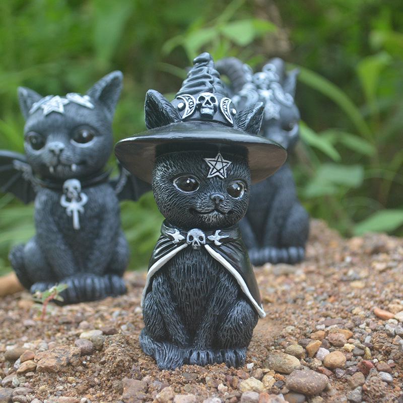 Halloween Magic Kitten Resin Ornaments: Animal Sculptures for Tabletop Decorations